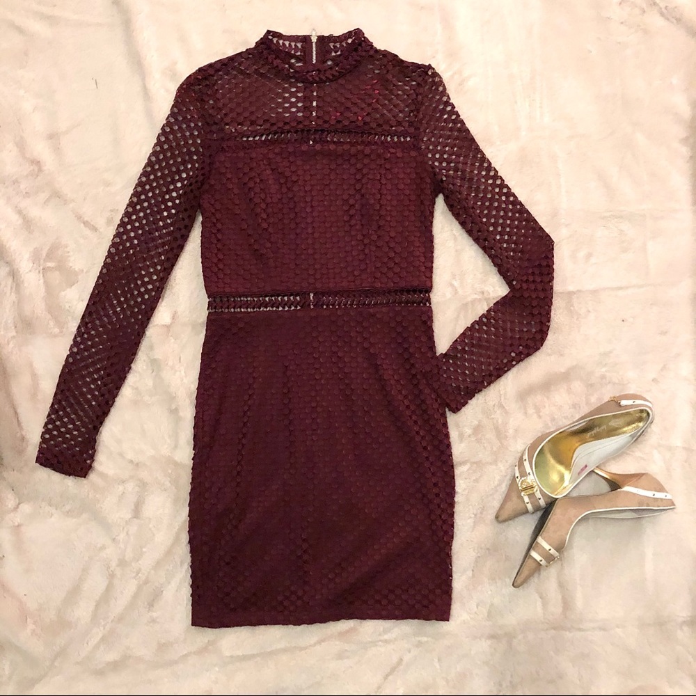 Hello Molly Maroon Mesh Sleeved Dress